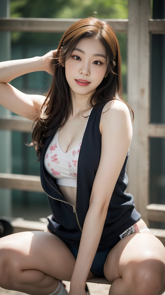Highly detailed CG unity 8k wallpaper, of the highest quality, Super detailed, masutepiece, Realistic, photographrealistic, extremely detailed cute girl, 25yo, cleavage , (perspired) ,  Round eyes, peeping at the viewer,  Blush, Smile, parted lip, Semi-body shot , Realistic、track suit、Realistic reproduction with vests ,   , Squat, sports gym