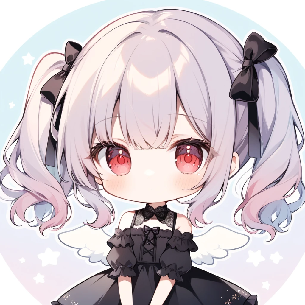 pastel colors, chibi, (little angel:1.5), 1girl, red eye, twin tails, silver hair, ahoge, black ribbon, black dress