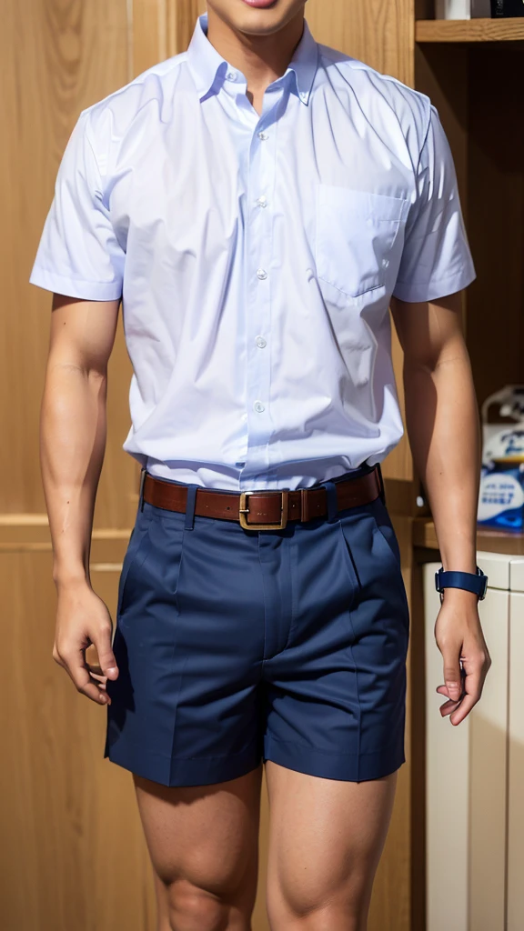 1 man, smile, (Wear a white school shirt.), (Dark blue shorts:1.2),brown belt, Korean guy , korean men, (High gloss details), chest muscles, large arm muscles, blood vessel, Big muscles, Broad shoulders, looking at the audience, Balancing the eyes, Bakery shop