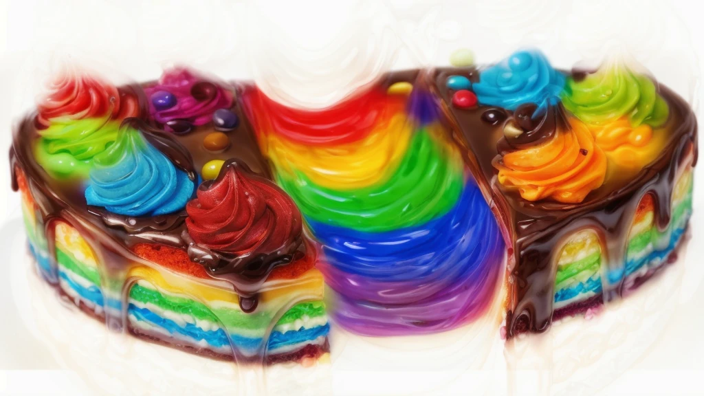 on a white background, small multi-colored cake, biscuit colored cakes, chocolate ganache, cream swirls, small jelly beans, torn cake, mixed-colored jam cream between the parts of the cake, stretch the cream, realistic texture, realistic style, detailed texture, high quality, high resolution, high quality rendering, realistic photo, brightning light, macro photo, ultraHD 4k