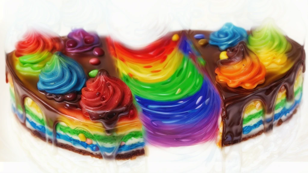 on a white background, small multi-colored cake, biscuit colored cakes, chocolate ganache, cream swirls, small jelly beans, torn cake, mixed-colored jam cream between the parts of the cake, stretch the cream, realistic texture, realistic style, detailed texture, high quality, high resolution, high quality rendering, realistic photo, brightning light, macro photo, ultraHD 4k