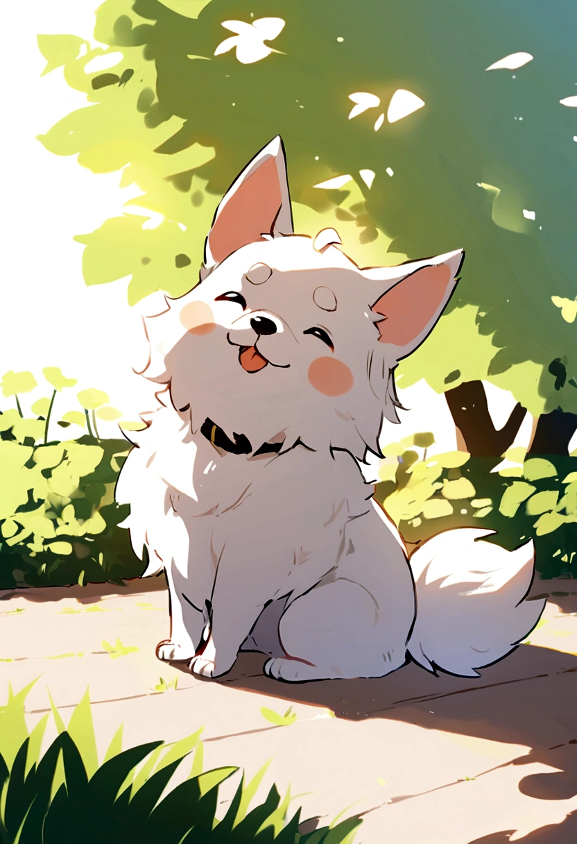 small dog{or white wagging tail sitting on the ground