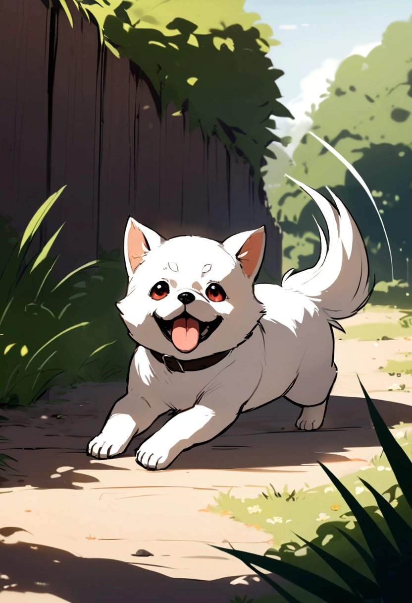 small dog{or white wagging tail sitting on the ground