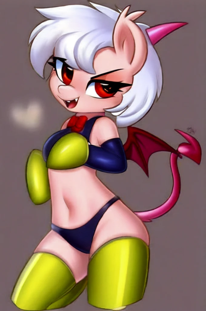 facing front, pink pony, fangs, red eyes, white irises, white hair, bat wings, succubus tail