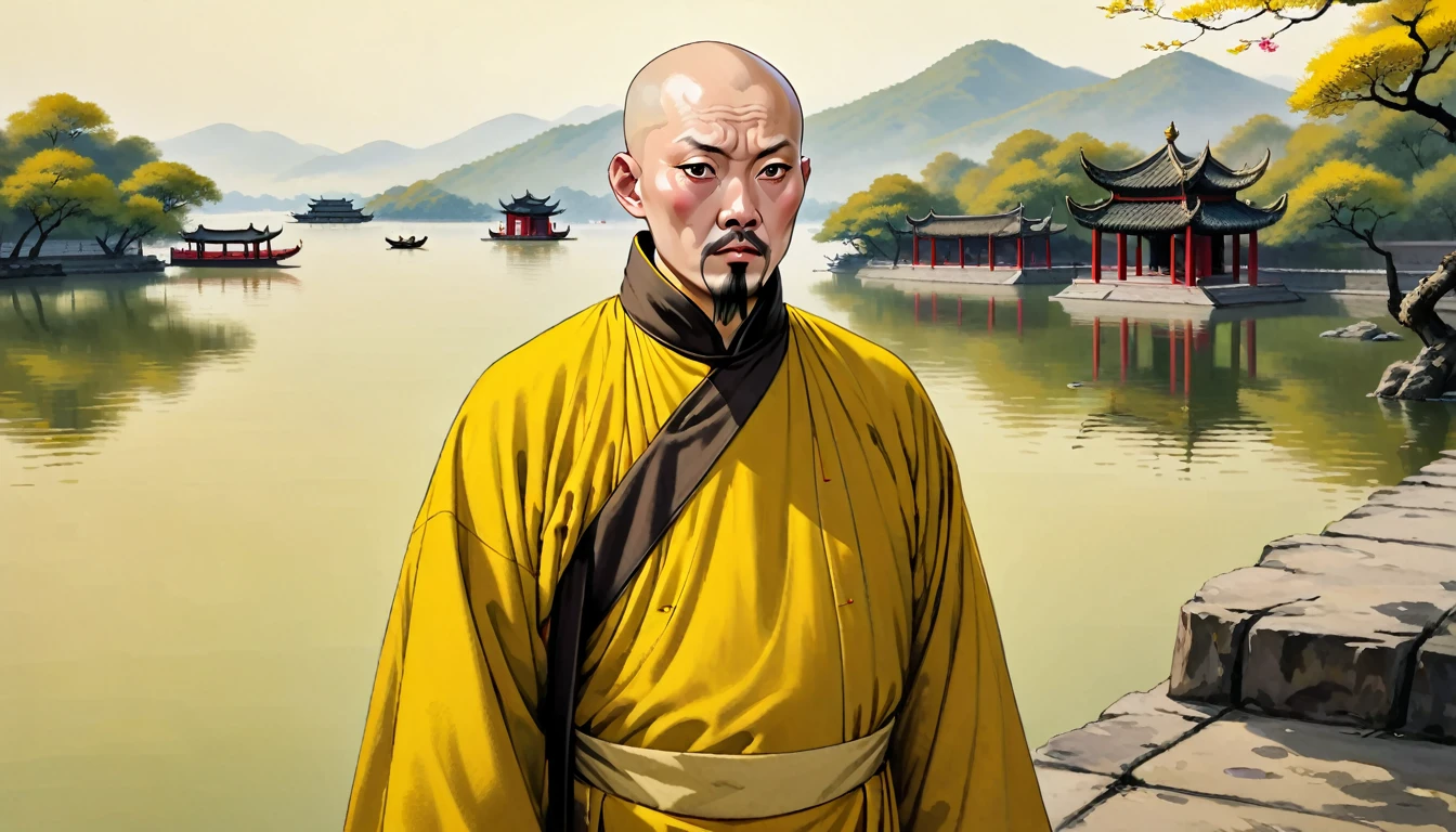A middle-aged monk named Ken,square face,olive skin,black eyes,bald,goatee,There is a scar on the forehead,Wearing an earthy yellow traditional Chinese cassock,Black cloth shoes,Observing by the West Lake with a serious expression。