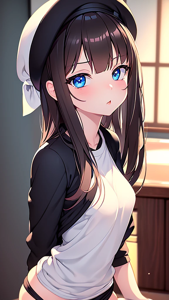 Highest quality,masterpiece,masterpiece portrait,full body, Brown Hair、Blue Eyes、Pink lips、、White shirt、Black Ribbon、Sexy atmosphere、cartoonist、(((Slightly erotic)))、Wearing a beret、Posing with a fountain pen、Anime Style、Beauty、Her background is monochrome black、(((Front view)))、Looking up