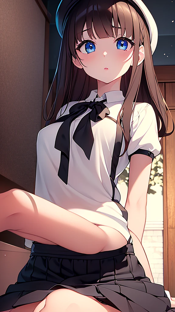 Highest quality,masterpiece,masterpiece portrait,full body, Brown Hair、Blue Eyes、Pink lips、、White shirt、Black Ribbon、Sexy atmosphere、cartoonist、(((Slightly erotic)))、Wearing a beret、Posing with a fountain pen、Anime Style、Beauty、Her background is monochrome black、(((Front view)))、Looking up