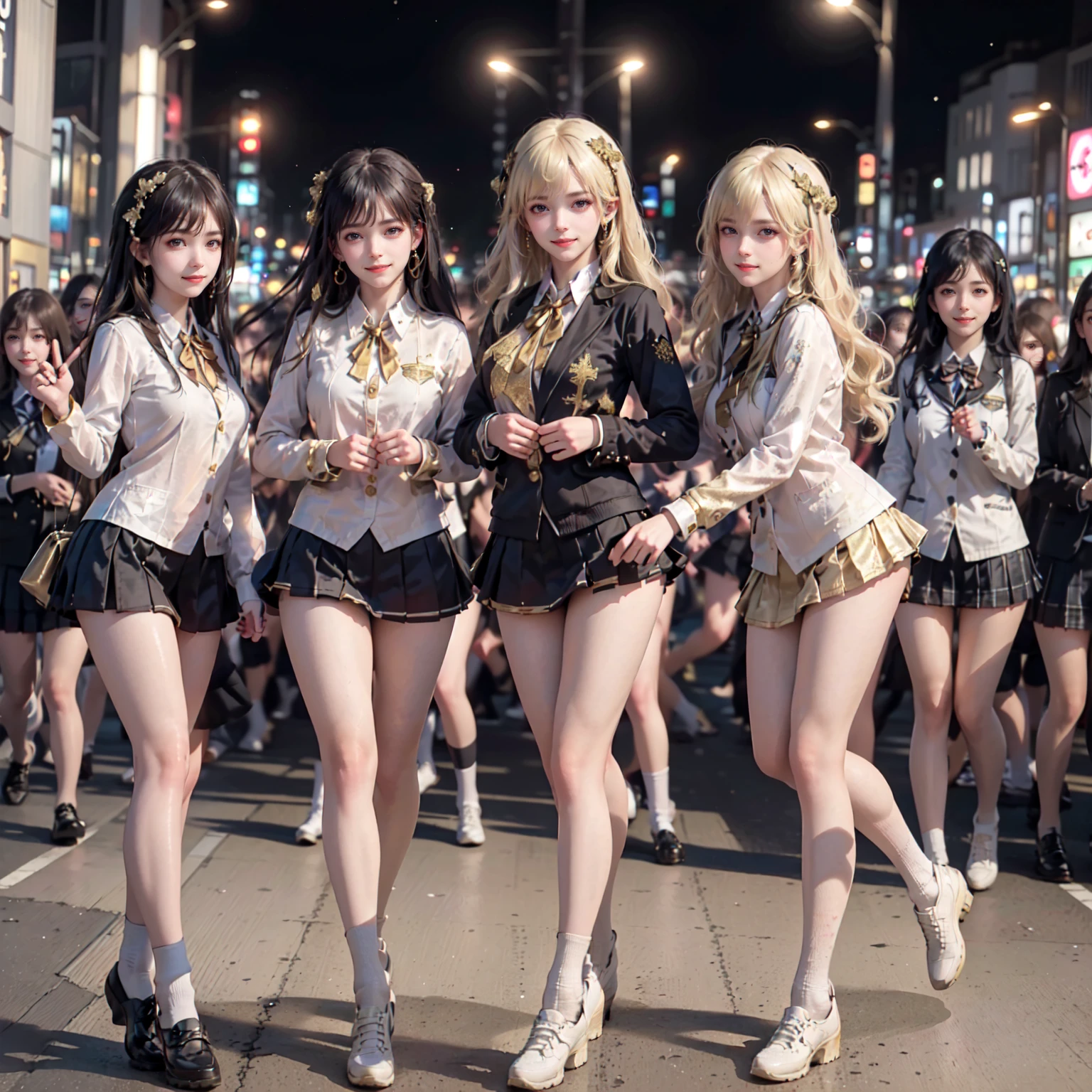 masterpiece, top-quality, top-quality, Beautifully Aesthetic:1.2, ((3 girls)),
((Middle girl is Wearing a high-quality school uniform, micro miniskirt):1.2), high detailed,
((Left girl is Wearing a high-quality , micro miniskirt):1.2), high detailed,
((Right girl is Wearing a high-quality , micro miniskirt):1.2), high detailed,
(Three girls are standing side by side in a neat line:1.3), large breasts, firm breast, nicely shaped breasts, slender figure,
(((Bleached gold Hair))), wavy hair, (short hair:1.2),
((At the middle of most crowded Shibuya Scramble Crossing at late night:1.2)), ((Surrounded by many women dancing for Three girls)), (Full body shot:1.1), (From back:1.3), (Looking at viewer), women only