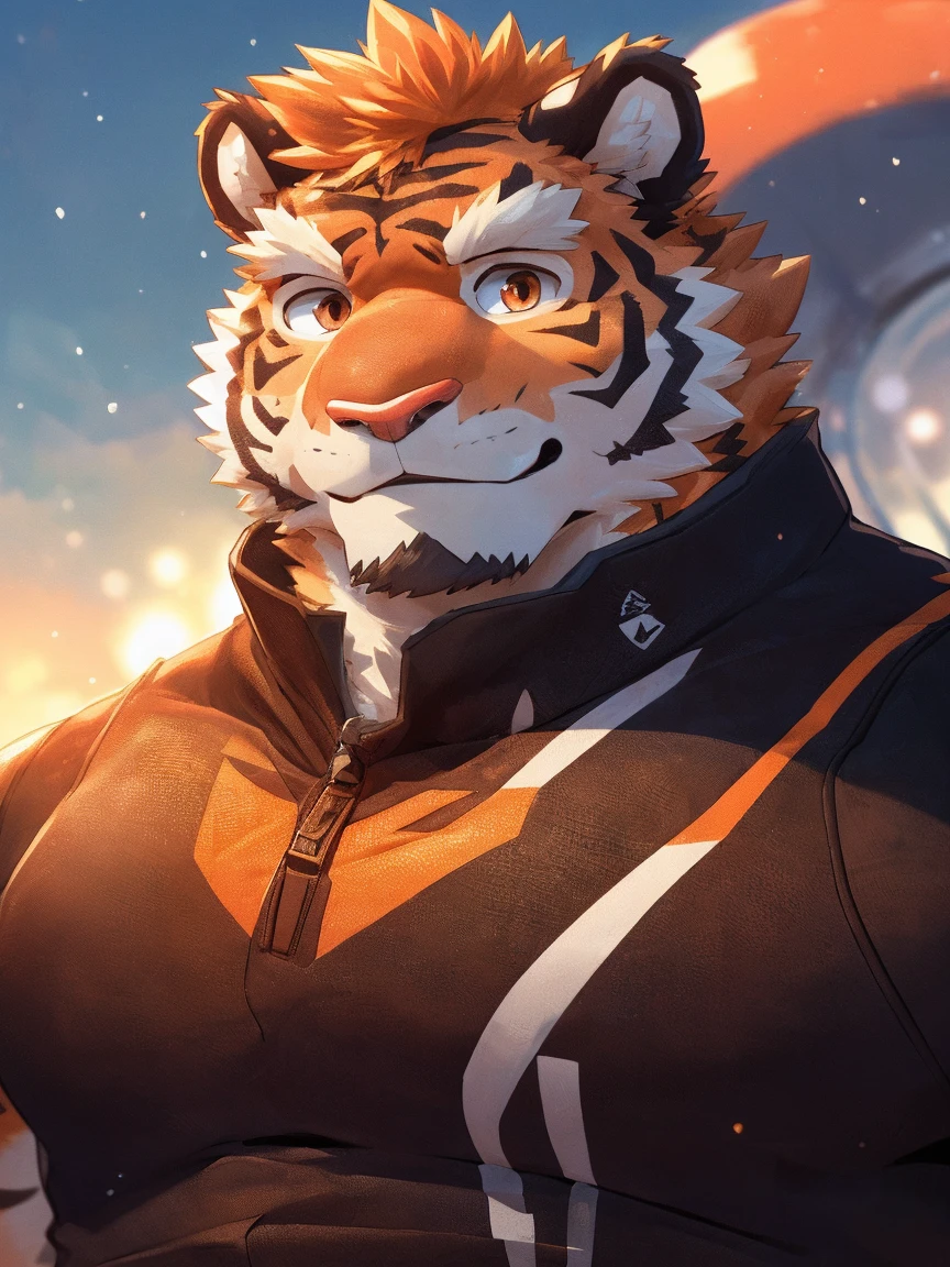 human nature, Wildlife, male,18 years old, solitary, ((Round Face, The face is plump,Orange eyes,Thick orange hair,With scars)), ((Endomorph, Handsome,Hot Blood)), (Sportswear,Clothes Damaged), ((domestic tiger, tiger,) Fluffy fur, Fluffy), Bokeh, (high quality, high resolution, masterpiece), (Dynamic Lighting, Vibrant colors), (Revitalize,Injuried,Disdain), Full body picture (close up), cartoon, author:Takemoto Arashi, From zixiong, By Chunni, author:Empty Ghost,(background:Snowy cities)