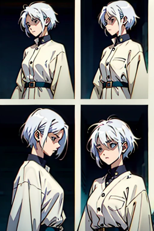 Girl with short white hair small and really skinny,  deathly sick taking medicine, manga page with panels and dialogue  
