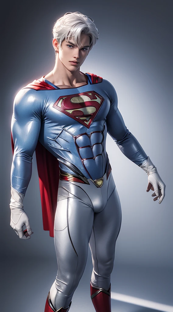 Full body photorealistic 4k, high resolution, best quality, masterpiece, perfect color, perfect shade, perfect lighting, Posted by e621, ((portrait)), ((handsome man young Superman)), perfect male figure, Short hair details，chest muscles，abdominal muscles，wearing white and silver tight fit latex spandex and gloves，Detailed face, perfect face, (stood up), Detailed background, ((Bonifasco Lighting)), (delicate eyes),),white hair