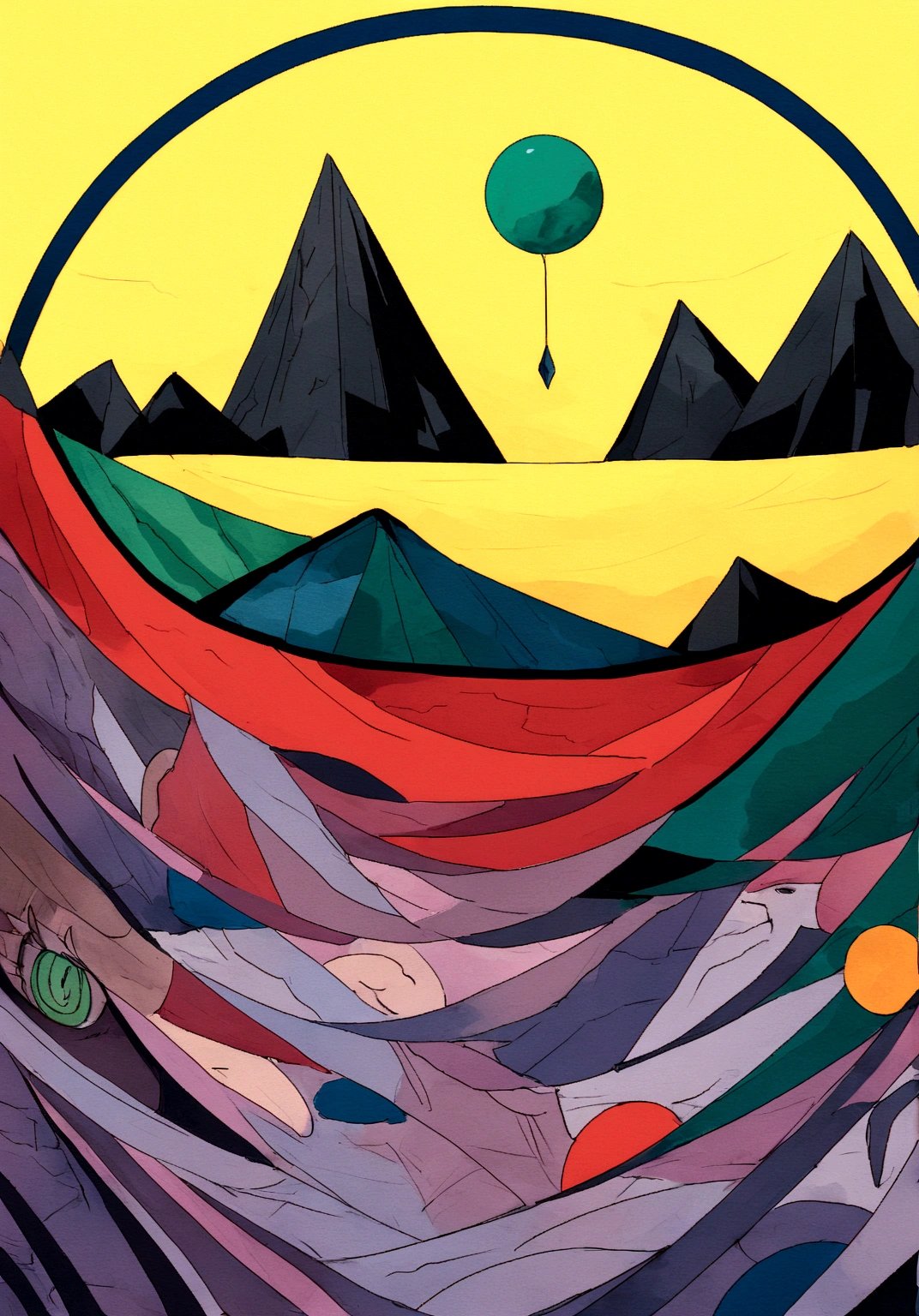 Contemporary painting、Semi-figurative and semi-abstract paintings、White background、oil、drawing、Bold and unpredictable brushstrokes（Grabbing）、A green sun in the upper left corner of the screen、Cobalt Blue Lines、Red color block、yellow stain、黒いdrawingの線、Thin green etched lines、Pencil lines、Vermillion Lines、Royal blue chunks、Green sphere、Red triangle、Black Volcano（Graphical Image）、The words of a poem are faintly drawn, and are indecipherable.（The jade sun shines in the distance）、A touch of impressionism、Surrealism、Cubist composition at the bottom of the screen、Five damaged Renaissance-style human figures at the bottom of the painting（Transmittance 20%）、Tropical plants（Pandanus）、Animals like those in the Lascaux caves（Transmittance 50%）、Tokyo skyscrapers、Gauguin-like unrealistic color composition、The dense forests of Iriomote Island、Daytime、The sun is shining、A leuconoe butterfly is flying、The entrance to the limestone cave is visible、A high school girl in uniform is standing、 Painting scene： 「god々is staring into the abyss and holding a dinner。」