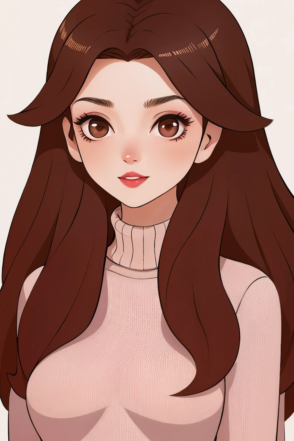 Girl, long brown hair, brown eyes, sharp features, white skin, pink lips, perfect, sweater