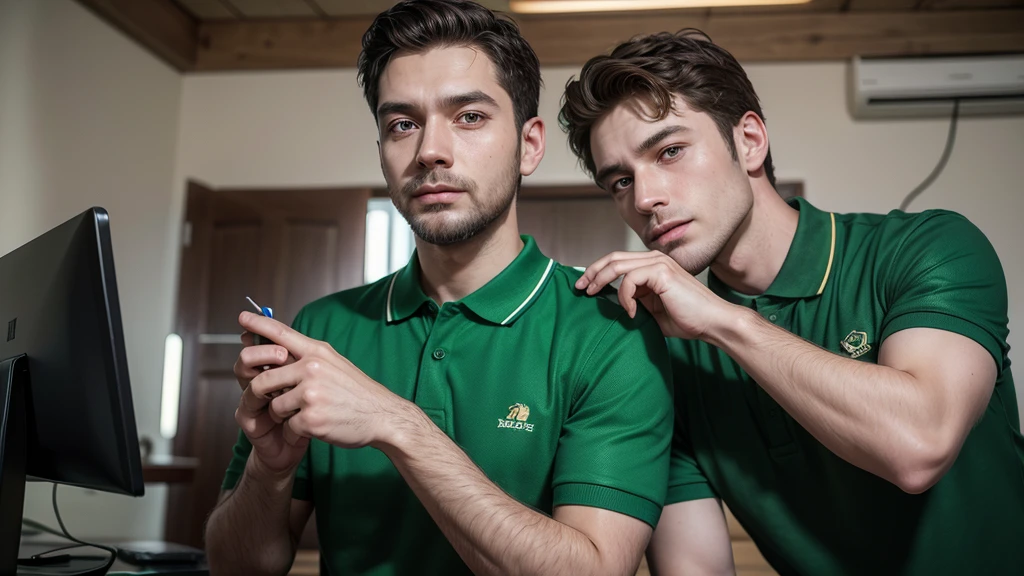 mascot, naughty man, without mustache, sem beard, skin fair, electrical technician, green polo shirt, with various hand positions