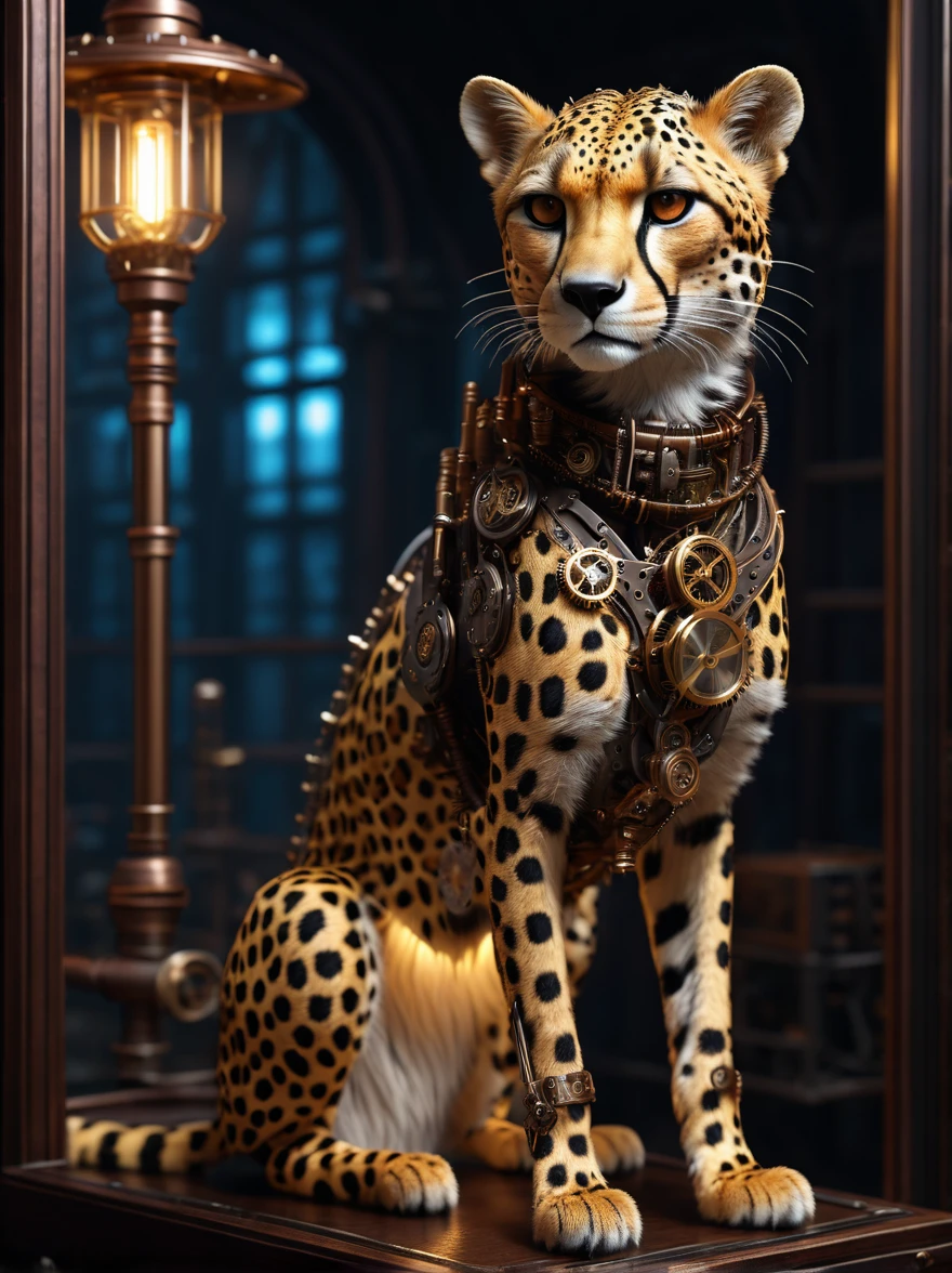 Look through the translucent body of the steampunk cheetah,There are beautiful lights inside,Detailed and realistic,8K UHD,high quality