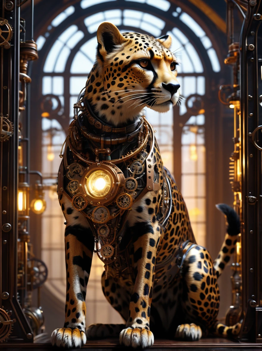 Look through the translucent body of the steampunk cheetah,There are beautiful lights inside,Detailed and realistic,8K UHD,high quality