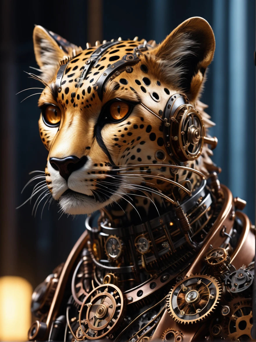 Look through the translucent body of the steampunk cheetah,There are beautiful lights inside,Detailed and realistic,8K UHD,high quality