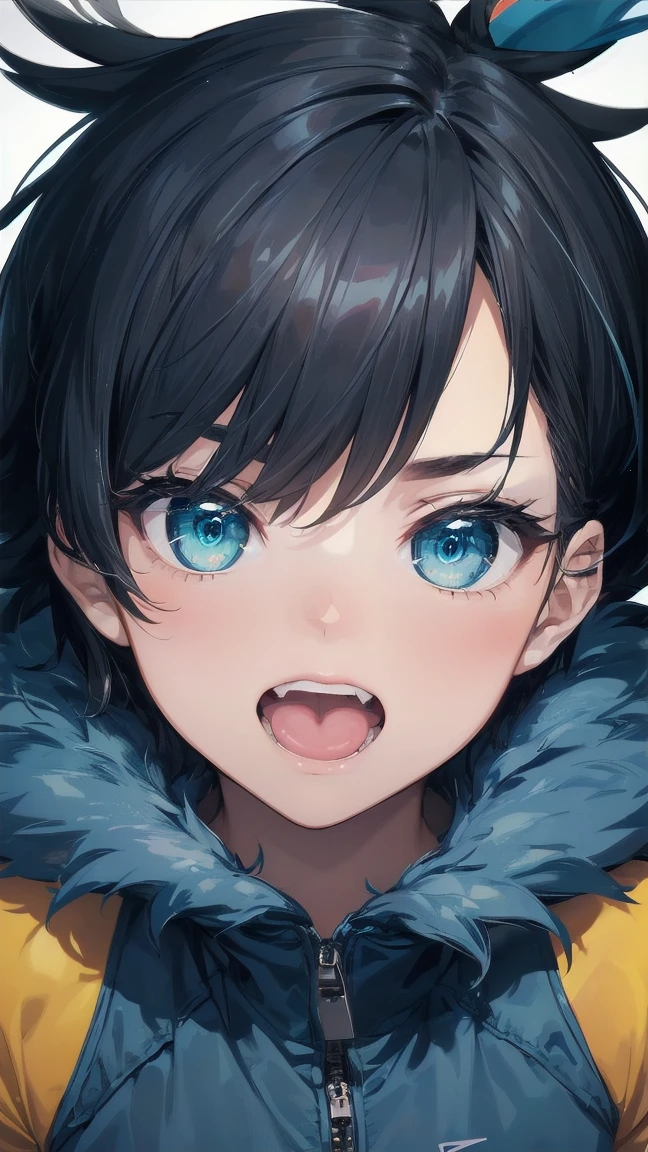 Close-up of a cartoon girl with blue hair and a yellow shirt, 2D Animation, 2D Animation style, 2D Art, 2D Art, 2D from Gorillaz, 2D from Gorillaz, 2D Gorillaz, Screaming Cerket, 2D Sprites, Jinx Face, short hair, Small breasts, hot pants, ((Black Hair, Bright blue fur inside:1.4))