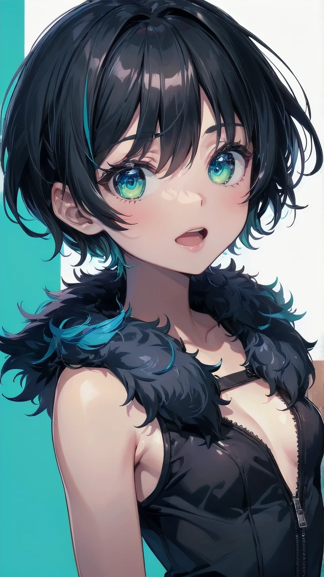 Close-up of a cartoon girl with blue hair and a yellow shirt, 2D Animation, 2D Animation style, 2D Art, 2D Art, 2D from Gorillaz, 2D from Gorillaz, 2D Gorillaz, Screaming Cerket, 2D Sprites, Jinx Face, short hair, Small breasts, hot pants, ((Black Hair, Bright blue fur inside:1.4))