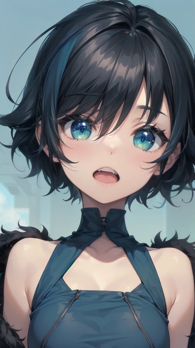 Close-up of a cartoon girl with blue hair and a yellow shirt, 2D Animation, 2D Animation style, 2D Art, 2D Art, 2D from Gorillaz, 2D from Gorillaz, 2D Gorillaz, Screaming Cerket, 2D Sprites, Jinx Face, short hair, Small breasts, hot pants, ((Black Hair, Bright blue fur inside:1.4))