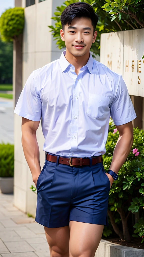 1 man, smile, (Wear a white school shirt.), (Dark blue shorts:1.2),brown belt, Korean guy , korean men, (High gloss details), chest muscles, large arm muscles, blood vessel, Big muscles, Broad shoulders, looking at the audience, Balancing the eyes, Bakery shop