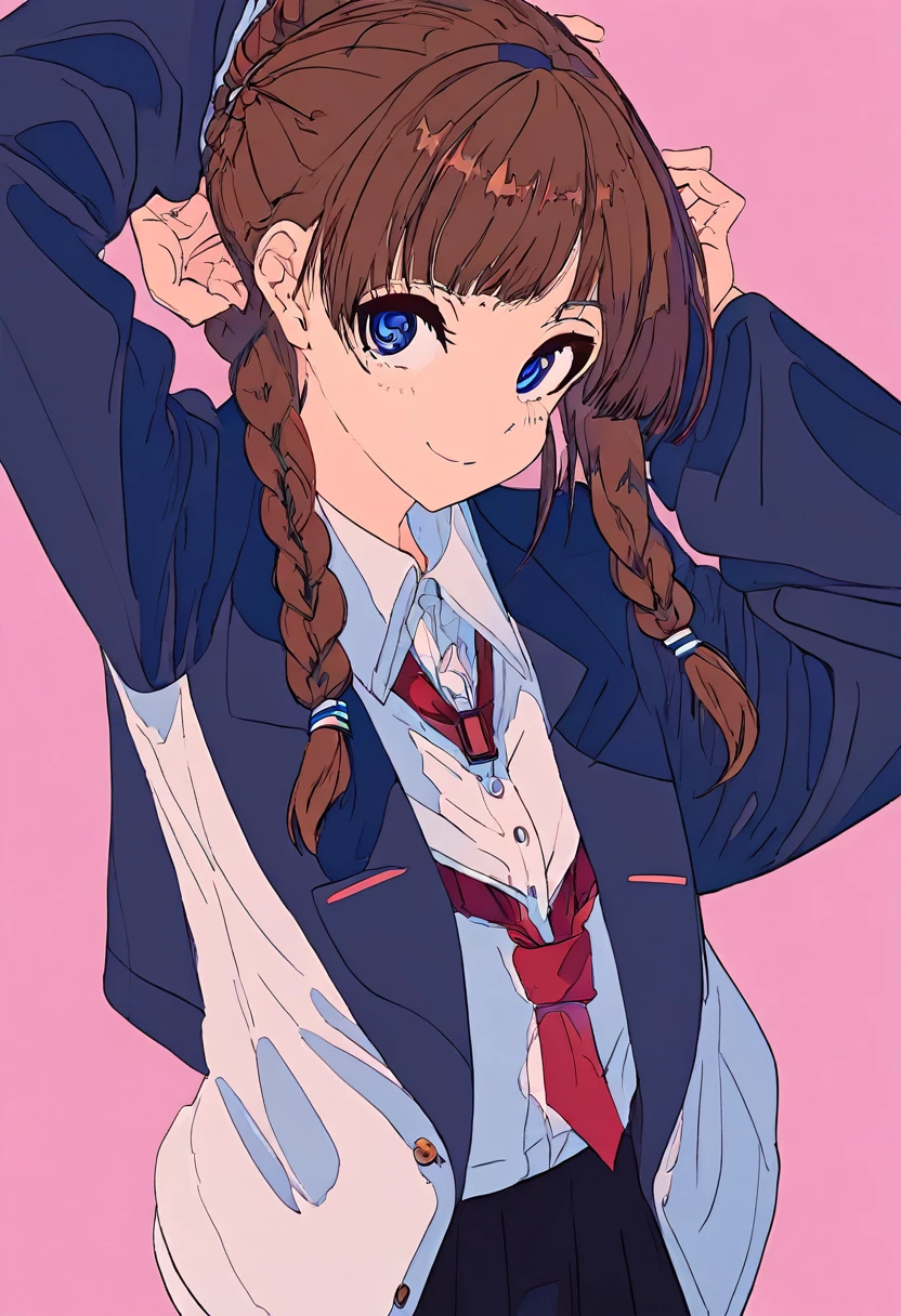 Flat Color, One girl, 一人in, tie, Double Bang, in, smile, Jacket, choker, Braiding, Hair Bun, looking at iniewer, shirt, Simple Background, Upper Body, Blue background, Manicure, Pink nails, collared shirt, Brown eyes, bangs, blue tie, black choker, white shirt, Brown Hair, freckles, Grin, striped tie, long sleeines, open Jacket, blue Jacket, twin Braidings, Raise your hand, 片手inピース,Flat Color