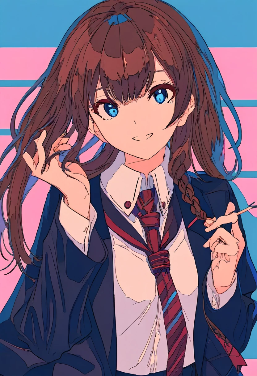 Flat Color, One girl, 一人in, tie, Double Bang, in, smile, Jacket, choker, Braiding, Hair Bun, looking at iniewer, shirt, Simple Background, Upper Body, Blue background, Manicure, Pink nails, collared shirt, Brown eyes, bangs, blue tie, black choker, white shirt, Brown Hair, freckles, Grin, striped tie, long sleeines, open Jacket, blue Jacket, twin Braidings, Raise your hand, 片手inピース,Flat Color