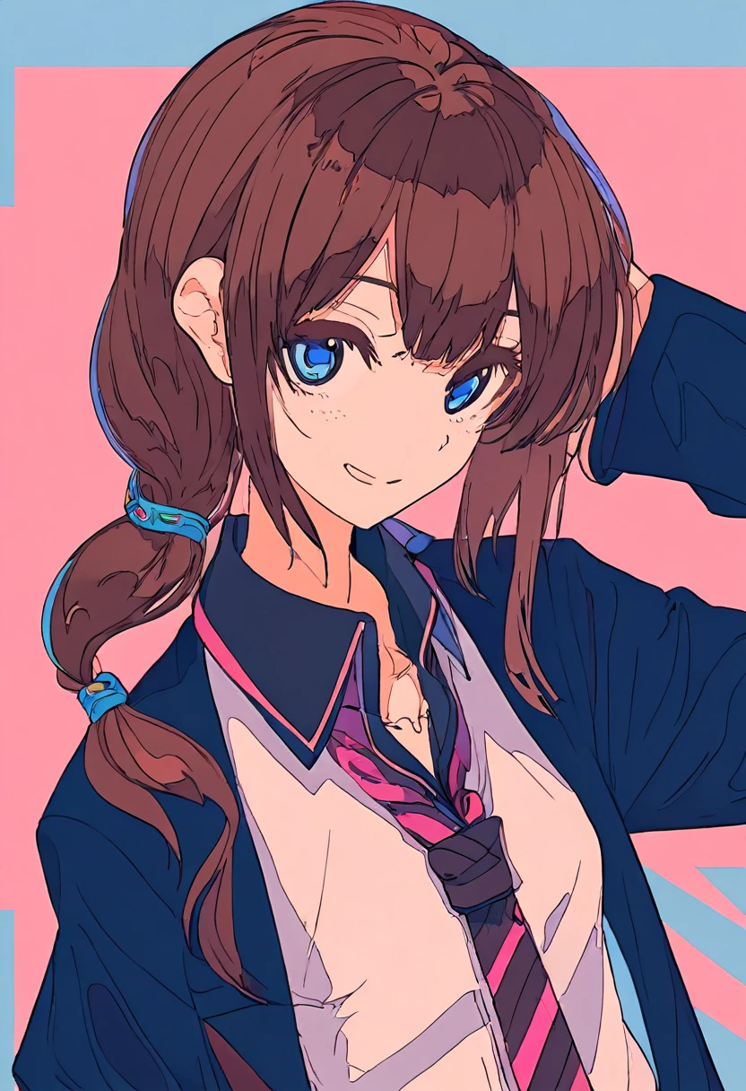 Flat Color, One girl, 一人in, tie, Double Bang, in, smile, Jacket, choker, Braiding, Hair Bun, looking at iniewer, shirt, Simple Background, Upper Body, Blue background, Manicure, Pink nails, collared shirt, Brown eyes, bangs, blue tie, black choker, white shirt, Brown Hair, freckles, Grin, striped tie, long sleeines, open Jacket, blue Jacket, twin Braidings, Raise your hand, 片手inピース,Flat Color