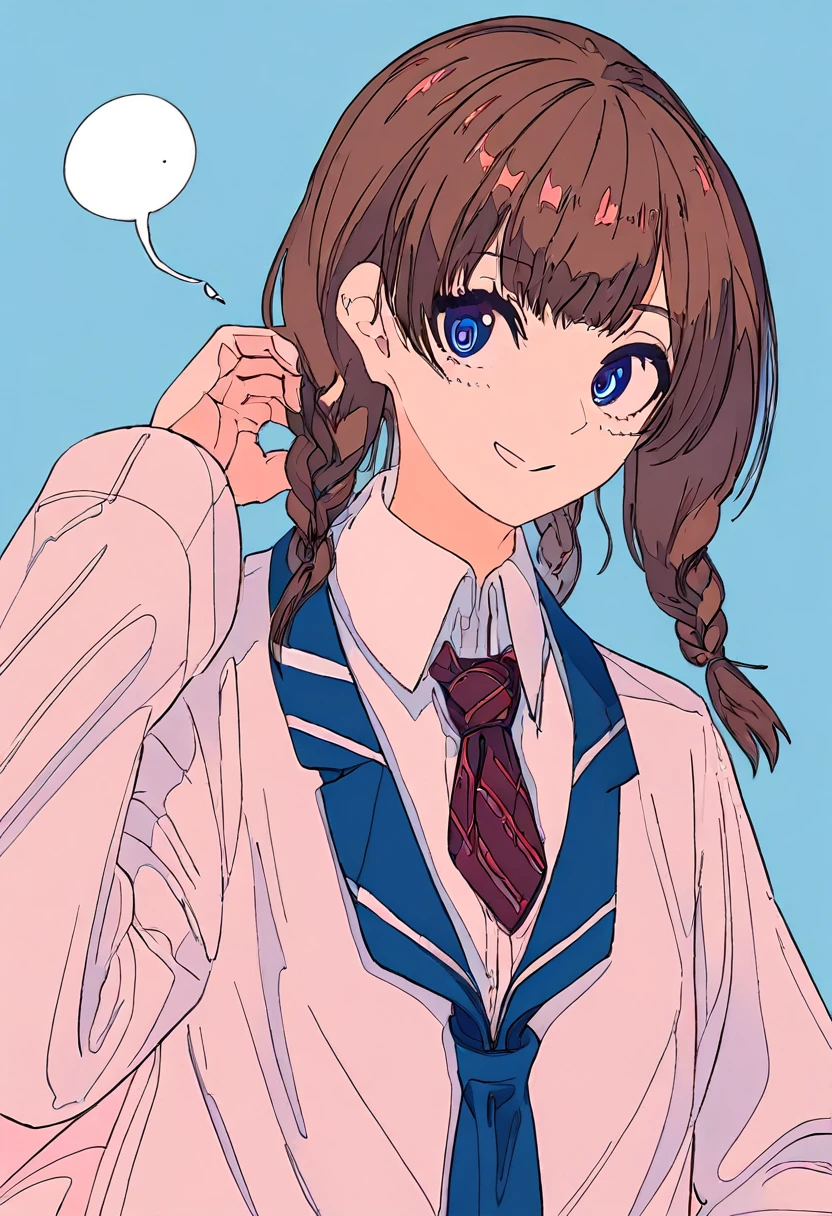 Flat Color, One girl, 一人in, tie, Double Bang, in, smile, Jacket, choker, Braiding, Hair Bun, looking at iniewer, shirt, Simple Background, Upper Body, Blue background, Manicure, Pink nails, collared shirt, Brown eyes, bangs, blue tie, black choker, white shirt, Brown Hair, freckles, Grin, striped tie, long sleeines, open Jacket, blue Jacket, twin Braidings, Raise your hand, 片手inピース,Flat Color