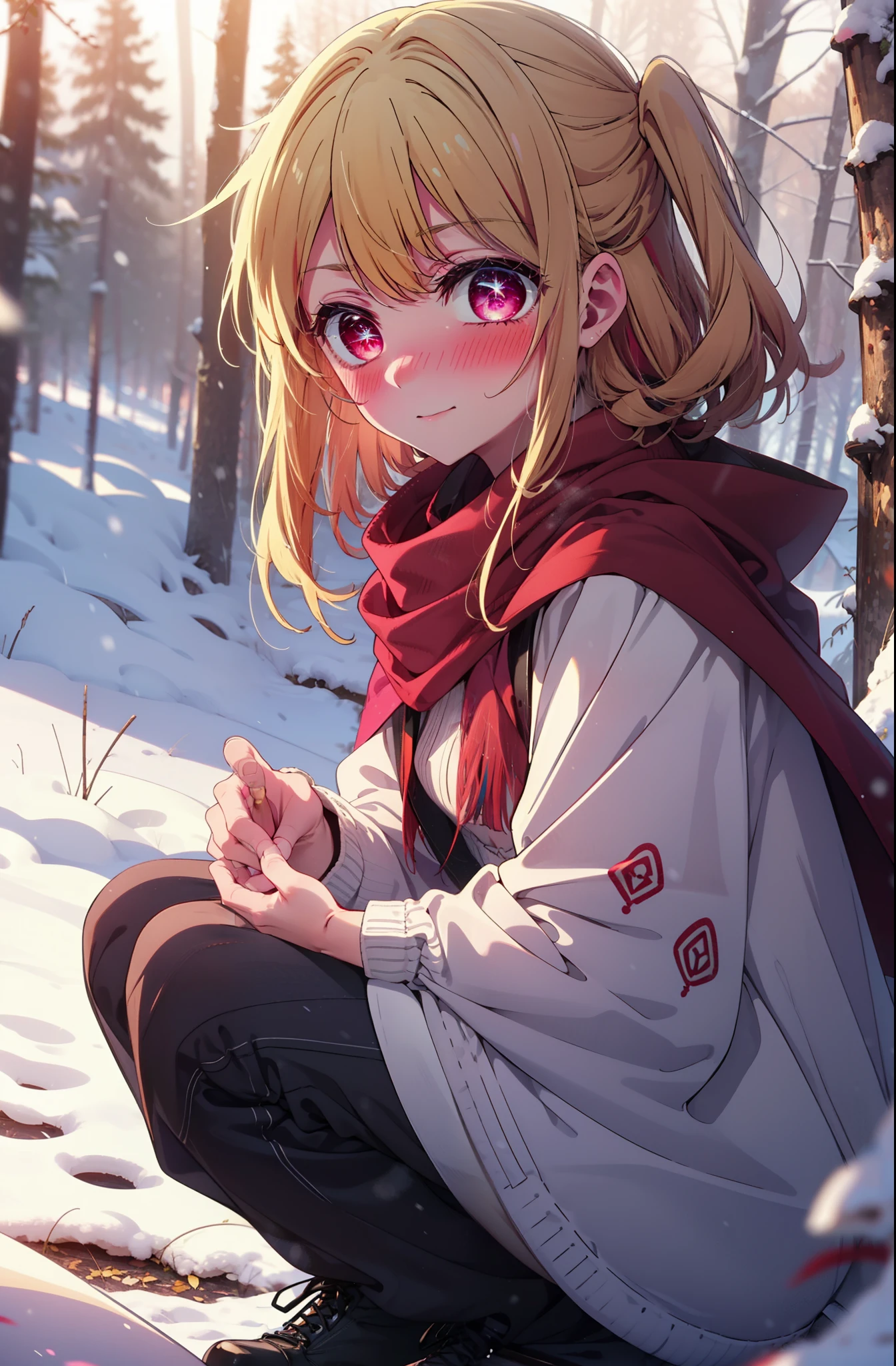 rubyhoshino, Hoshino Ruby, Long Hair, bangs, Blonde, (Pink Eyes:1.3), Side Lock, (Symbol-shaped pupil:1.5), Multicolored Hair, Two-tone hair, smile,,smile,blush,White Breath,
Open your mouth,snow,Ground bonfire, Outdoor, boots, snowing, From the side, wood, suitcase, Cape, Blurred, , forest, White handbag, nature, Squat, Mouth closed, Cape, winter, Written boundary depth, Black shoes, red Cape break looking at viewer, Upper Body, whole body, break Outdoor, forest, nature, break (masterpiece:1.2), Highest quality, High resolution, unity 8k wallpaper, (shape:0.8), (Beautiful and beautiful eyes:1.6), Highly detailed face, Perfect lighting, Highly detailed CG, (Perfect hands, Perfect Anatomy),