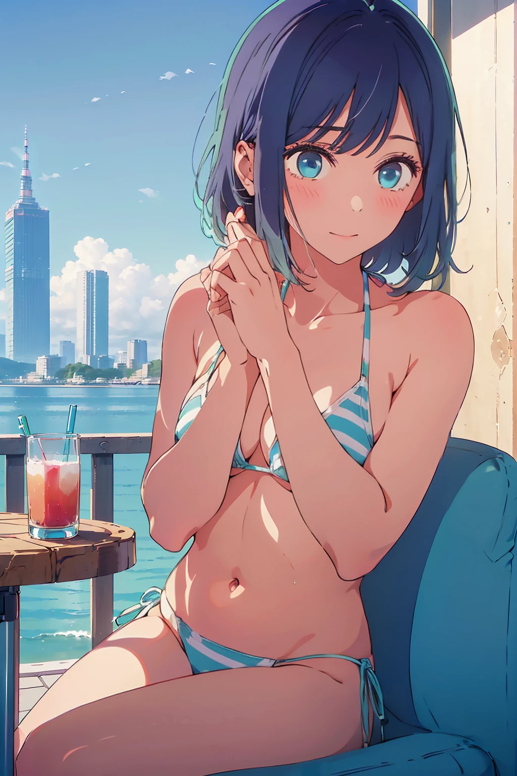 (Highest quality:1.4、masterpiece:1.4、Super detailed:1.4、Ultra-high resolution:1.4、8K:1.4)、F cup bust、Big Breasts、Slim body、((((1 person、Surprised expression、sit、Chair、In the background are the urban buildings of Tokyo、looking at the camera、Outdoor café terrace、coastal、Shooting up close、Very cute face))))、(Cheek resting on hand:1.4）、((nude、very beautiful areola))、bikini、Very blue sky、A completely cloudless sky