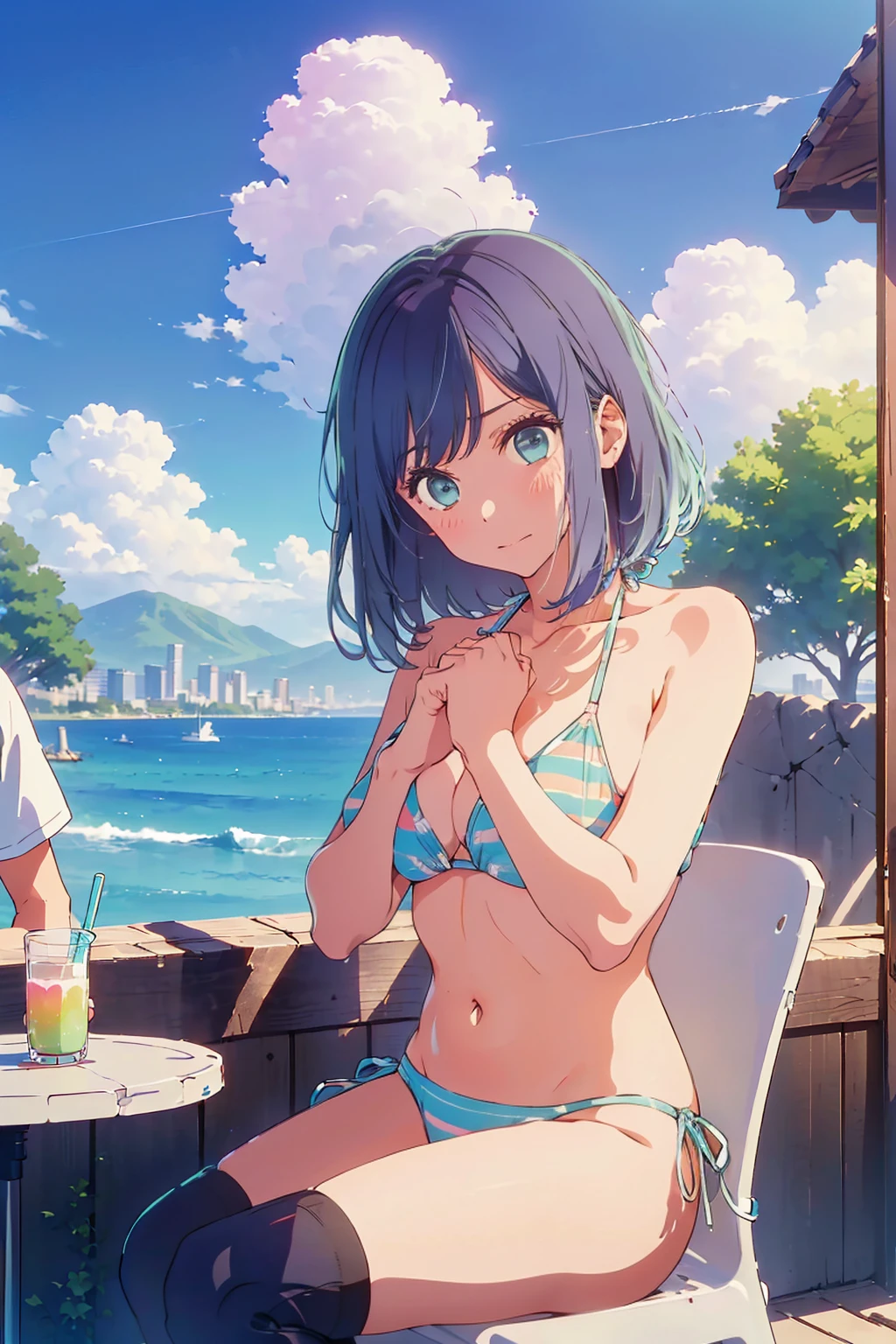(Highest quality:1.4、8K:1.4、detailed)、F cup bust、Big Breasts、Slim body、Very white beautiful skin、((((1 person、Surprised expression、sit、Chair、In the background are the urban buildings of Tokyo、looking at the camera、Outdoor café terrace、coastal、Navy hair color、juice、Shooting up close、table、Very cute face))))、((((Bikini Nudes))))、(Pose of putting hair behind ears with hands:1.4)、Very blue sky、A completely cloudless sky