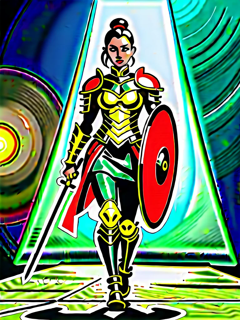 Front view of A beautiful Indonesian lady with ponytail hairstyle, wear black and red shiny heavy armor and protective legs, holding a shiny gold samurai and big shield, walking in gladiator arena. Ultra Hd