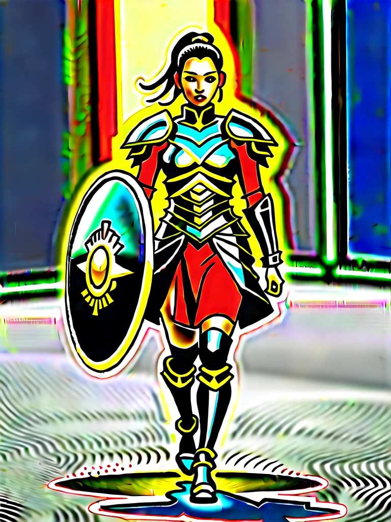 Front view of A beautiful Indonesian lady with ponytail hairstyle, wear black and red shiny heavy armor and protective legs, holding a shiny gold samurai and big shield, walking in gladiator arena. Ultra Hd