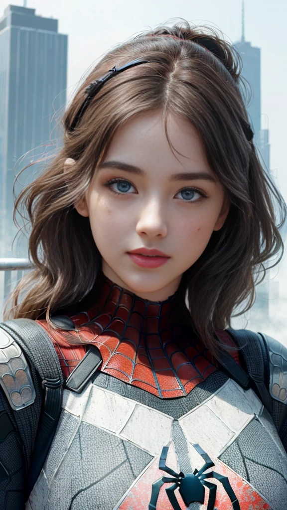 (1girl:1.3), Solo, (((Very detailed face)))), ((Very detailed eyes and face)))), Beautiful detail eyes, Body parts__, Official art, Unified 8k wallpaper, Super detailed, beautiful and beautiful, beautiful, masterpiece, best quality, original, masterpiece, super fine photo, best quality, super high resolution, realistic realism, sunlight, full body portrait, amazing beauty, dynamic pose, delicate face, vibrant eyes, (from the front), She wears Spider-Man suit, red and black color scheme, spider, very detailed city roof background, rooftop, overlooking the city, detailed face, detailed complex busy background, messy, gorgeous, milky white, highly detailed skin, realistic skin details, visible pores, clear focus, volumetric fog, 8k uhd, DSLR, high quality, film grain, fair skin, photo realism, lomography, futuristic dystopian megalopolis, translucent