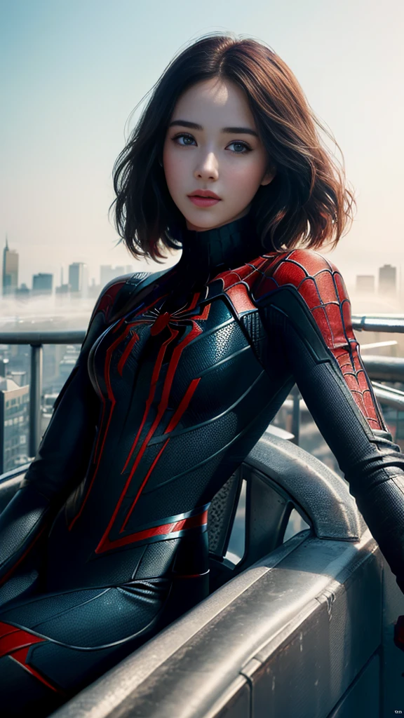 (1girl:1.3), Solo, (((Very detailed face)))), ((Very detailed eyes and face)))), Beautiful detail eyes, Body parts__, Official art, Unified 8k wallpaper, Super detailed, beautiful and beautiful, beautiful, masterpiece, best quality, original, masterpiece, super fine photo, best quality, super high resolution, realistic realism, sunlight, full body portrait, amazing beauty, dynamic pose, delicate face, vibrant eyes, (from the front), She wears Spider-Man suit, red and black color scheme, spider, very detailed city roof background, rooftop, overlooking the city, detailed face, detailed complex busy background, messy, gorgeous, milky white, highly detailed skin, realistic skin details, visible pores, clear focus, volumetric fog, 8k uhd, DSLR, high quality, film grain, fair skin, photo realism, lomography, futuristic dystopian megalopolis, translucent