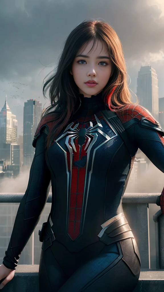 (1girl:1.3), Solo, (((Very detailed face)))), ((Very detailed eyes and face)))), Beautiful detail eyes, Body parts__, Official art, Unified 8k wallpaper, Super detailed, beautiful and beautiful, beautiful, masterpiece, best quality, original, masterpiece, super fine photo, best quality, super high resolution, realistic realism, sunlight, full body portrait, amazing beauty, dynamic pose, delicate face, vibrant eyes, (from the front), She wears Spider-Man suit, red and black color scheme, spider, very detailed city roof background, rooftop, overlooking the city, detailed face, detailed complex busy background, messy, gorgeous, milky white, highly detailed skin, realistic skin details, visible pores, clear focus, volumetric fog, 8k uhd, DSLR, high quality, film grain, fair skin, photo realism, lomography, futuristic dystopian megalopolis, translucent