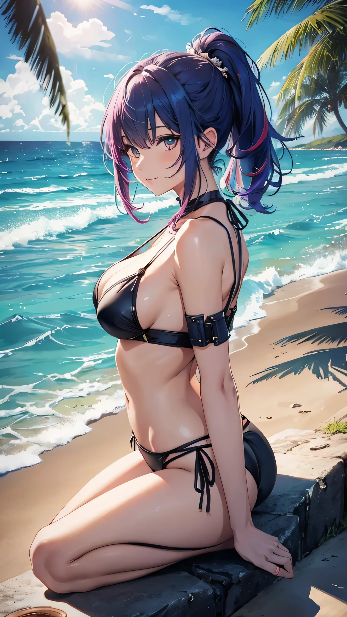 Highest quality、Highest quality、Masterpiece、girl((20-year-old、as soon as、Highest 、、Wide open 、Red glowing eyes、Light Blue Hair、Disheveled Hair、Loincloth、thin、The best valley、Open 、Full body view、Colorful 、Smile、Leaning forward greatly))、high quality、Beautiful Art、background((Ocean、Wave、beach、Palm tree))、flight、Flying Debris、Depth of text、movie、Visual Arts、Perfect Art、8K、Genuine、Special Angles