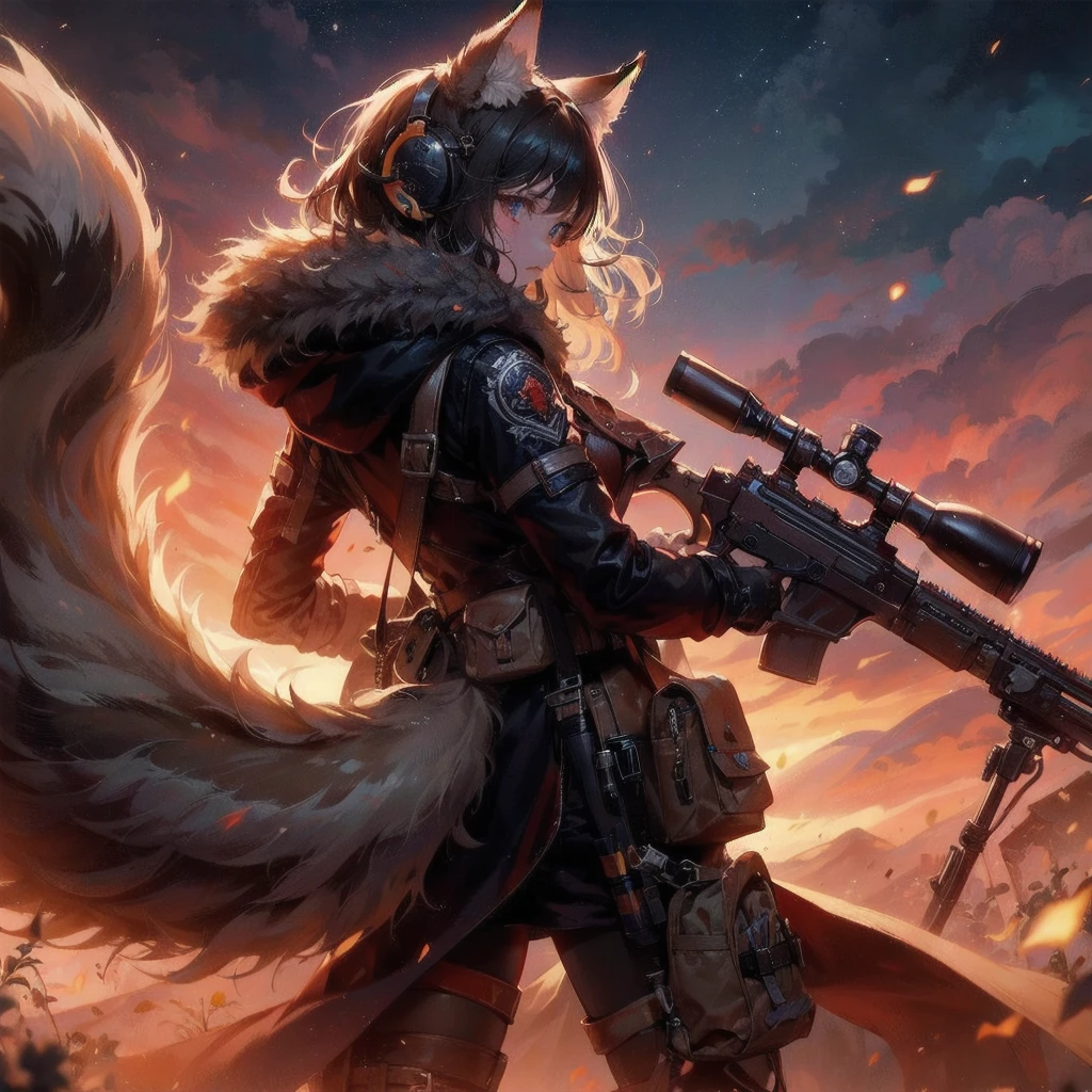 A fantasy Wasteland battles hand-in-hand through a wasteland full of pitfalls. The camera zooms in on the girl, capturing her determination. The cool girl, with wolf ears,wolf tail,  wears thin leather armor and dark cloak. As the zoom progresses, the focus shifts to her hands, highlighting the worn and weathered textures that symbolize her journey and the hardships she has endured. This message is realized in a mixed-media sculptural style, combining elements of metalwork and textile art to represent the characters and their resilience in three-dimensional form.