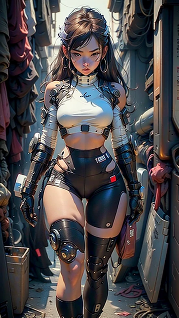 Woman body defined thick thighs cybernetic body parts, short underwear