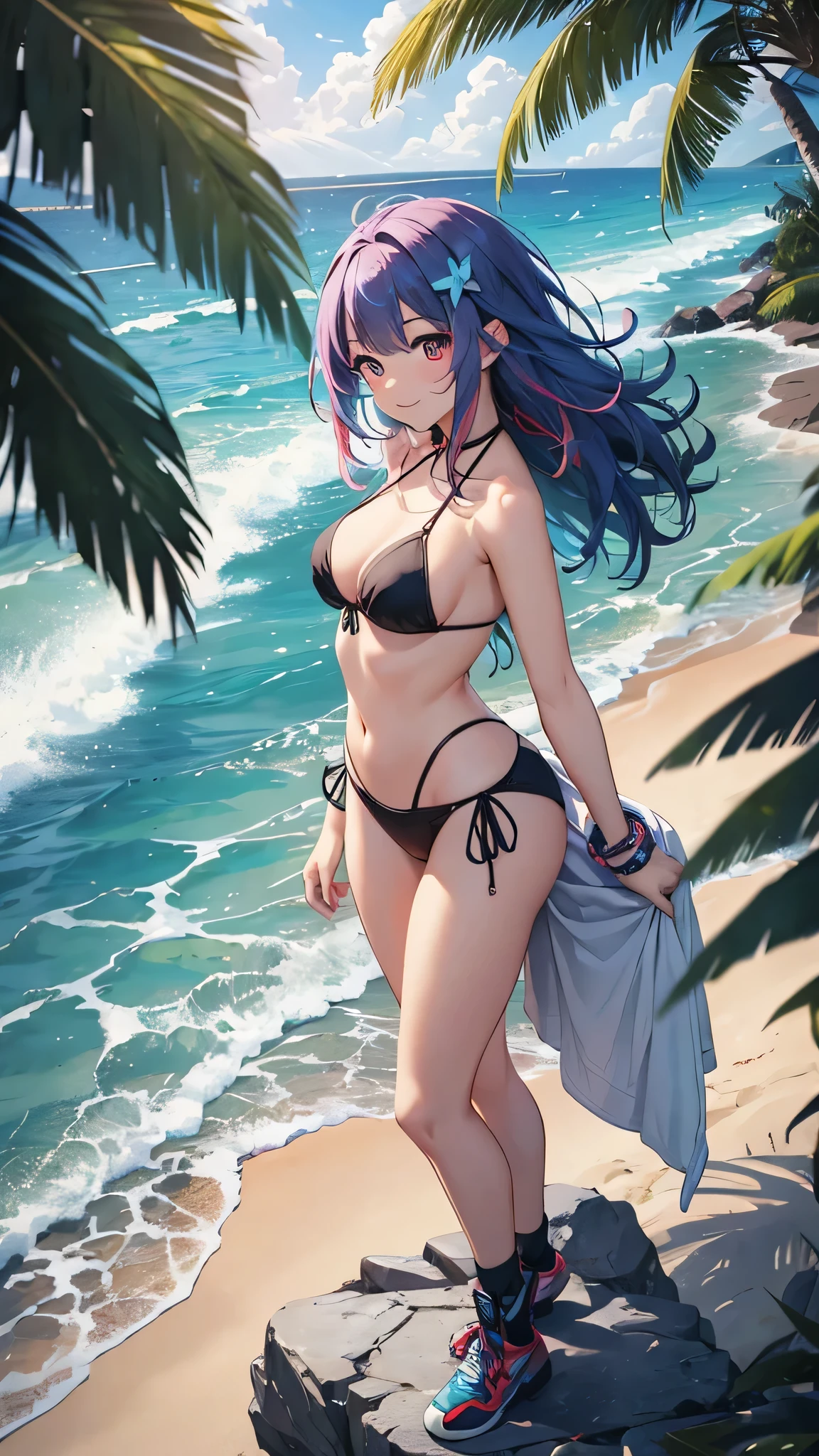 Highest quality、Highest quality、Masterpiece、girl((20-year-old、as soon as、Highest Bust、Medium Bust、Wide open chest、Red glowing eyes、Light Blue Hair、Disheveled Hair、Loincloth、thin、The best valley、Open chest、Full body view、Colorful Bikini、Smile、Leaning forward greatly))、high quality、Beautiful Art、background((Ocean、Wave、beach、Palm tree))、flight、Flying Debris、Depth of text、movie、Visual Arts、Perfect Art、8K、Genuine、Special Angles