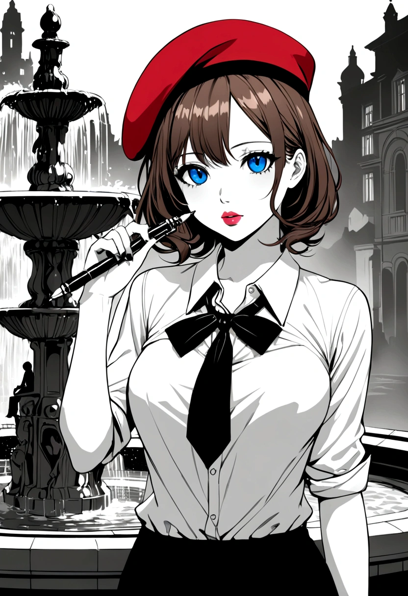 Highest quality,masterpiece,masterpiece portrait,((full body)), Brown Hair、Blue Eyes、Pink lips、、White shirt、Black Ribbon、Sexy atmosphere、cartoonist、(((Slightly erotic)))、Wearing a red beret、((Posing with a fountain pen))、Anime Style、Beauty、Her background is monochrome black、(((Front view)))、Looking up