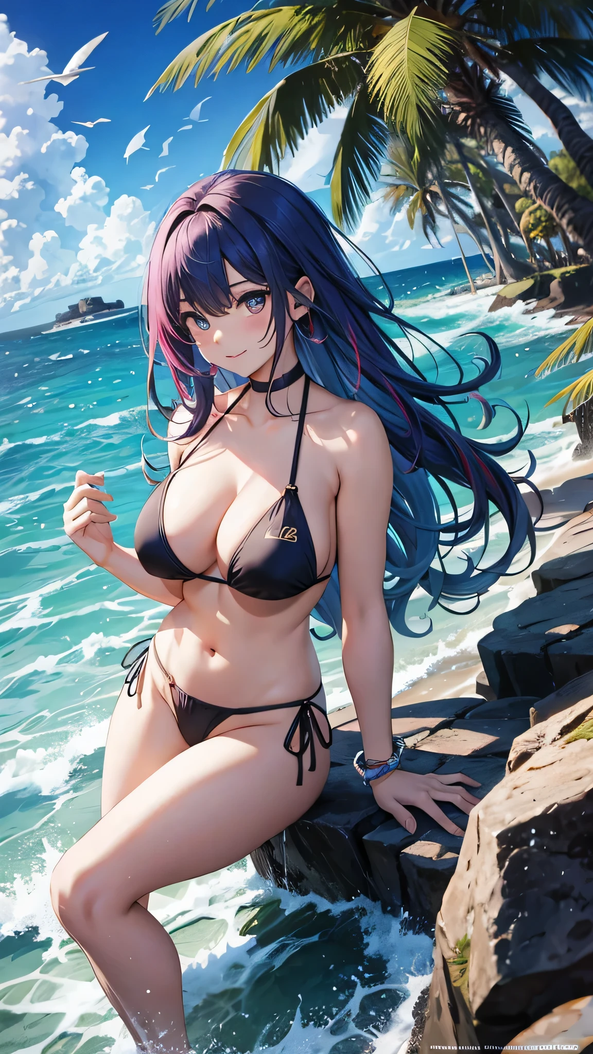 Highest quality、Highest quality、Masterpiece、girl((20-year-old、as soon as、Highest Bust、Medium Bust、Wide open chest、Red glowing eyes、Light Blue Hair、Disheveled Hair、Loincloth、thin、The best valley、Open chest、Full body view、Colorful Bikini、Smile、Leaning forward greatly))、high quality、Beautiful Art、background((Ocean、Wave、beach、Palm tree))、flight、Flying Debris、Depth of text、movie、Visual Arts、Perfect Art、8K、Genuine、Special Angles