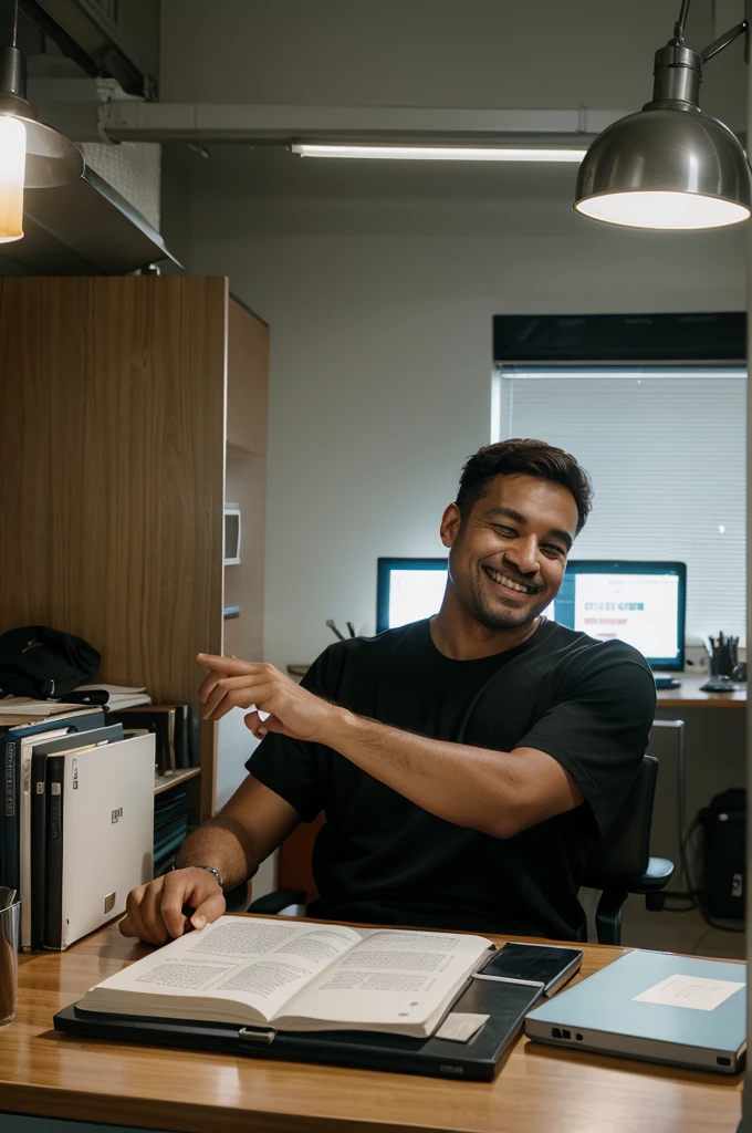 A man sits at his desk in a brightly lit office, surrounded by stacks of documents and a computer screen filled with unread emails. However, instead of working, he is engrossed in his phone, his fingers swiftly typing messages and scrolling through social media. Occasionally, he chuckles or smiles to himself, completely absorbed in the digital world while the work he should be doing remains neglected.
