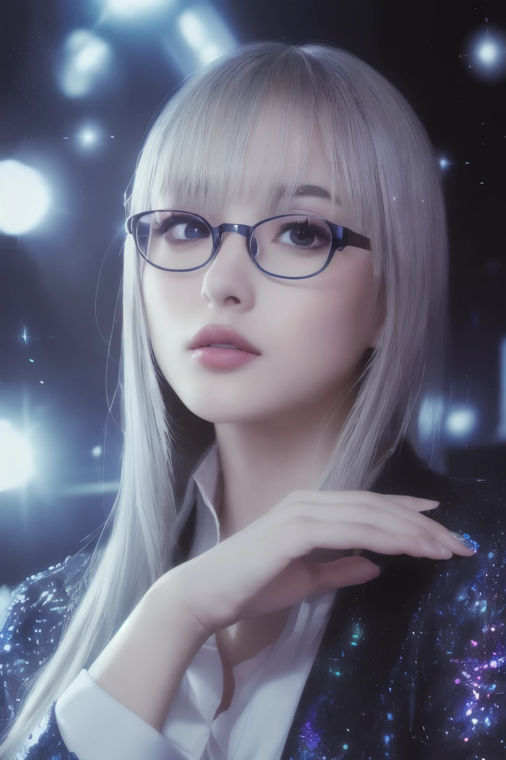 (Detailed lips), (Realistically:1.37), (Vibrant colors), (Studio Lighting), (Sharpen your focus), (High Dynamic Range), (Bokeh), (in contrast), (Kilo:1.2), (elegant), (Elegance), (like々Shii), (Luxury Accessories), (Sparkle Eyes), (Shine), (Calm), (Shine), (dream-like), (dynamic), (素晴らShiiもの), (Sensitive), (Dramatic), (Complex), (eternal), (Beautifully dressed), (Mysterious), (Mysterious), (Mysterious), (Perfect perfection), (interesting), (Individuality), (masterpiece), (High resolution), (The best quality at its best, 4K, 8K), alone, 18 year old girl.Glasses，