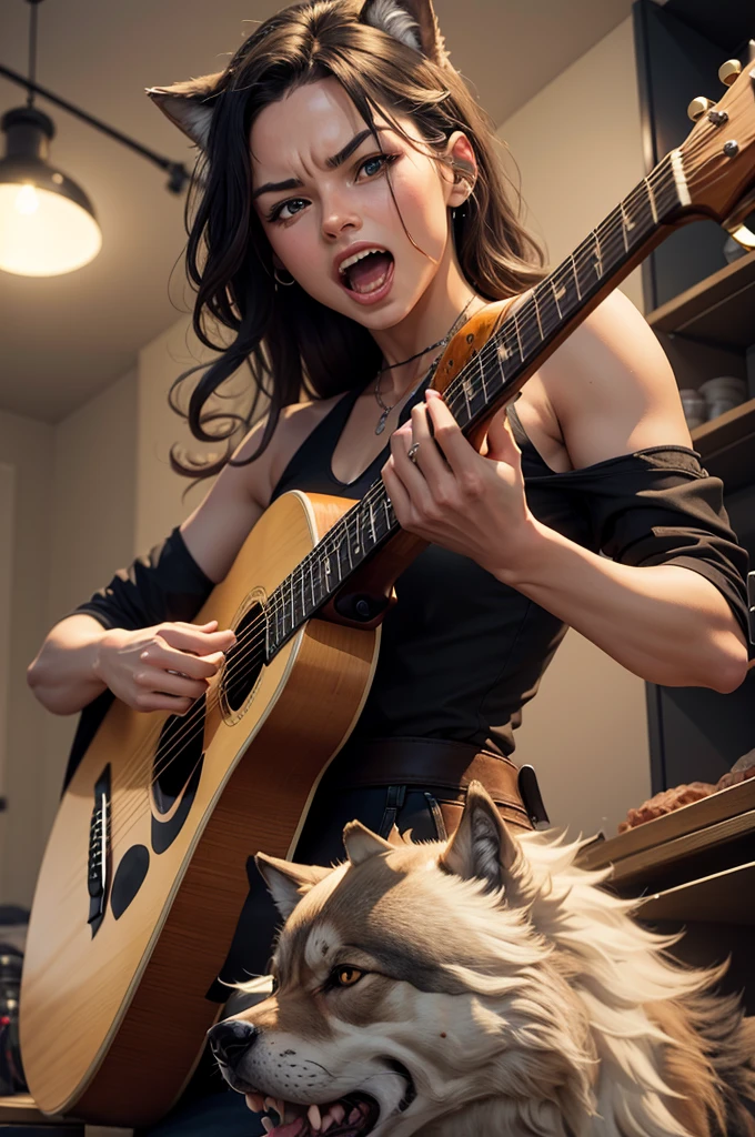 the wolf plays the guitar in a classic Hatfield style, with an aggressive screaming facial expression, and a three-quarter golden ratio shot in the left cabinet and against the night sky