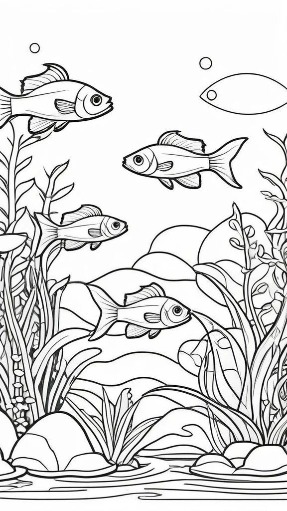 a group of fish in aquascape scenery, coloring page for kids, happy, smiling, vector art, minimalistic, vector 2d, coloring page for beginners, vector illustration, pencil strokes, colorfull, drawing for coloring, pixar style,