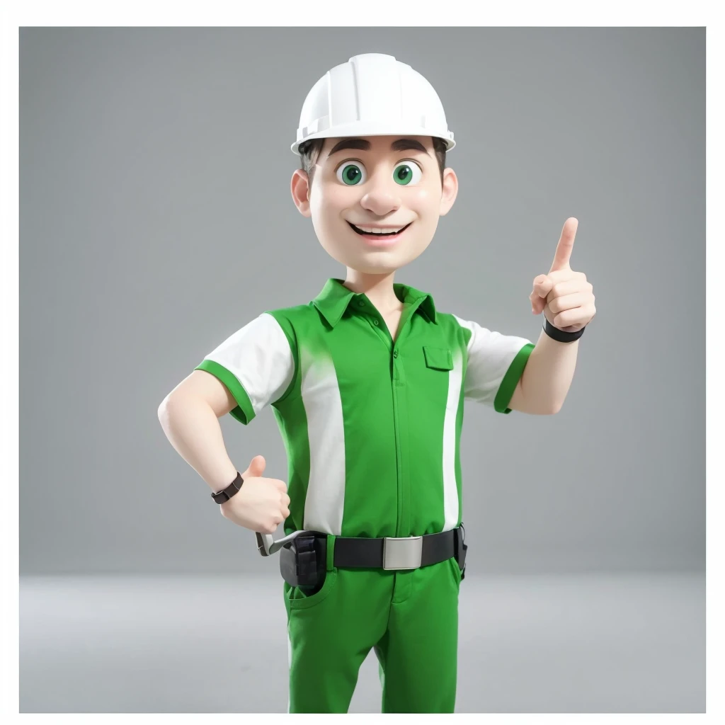 mascot, naughty man, without mustache, sem beard, skin fair, electrical technician, green polo shirt, in different poses.