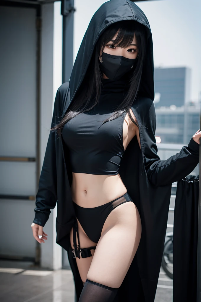 Long black hair ninja girl wearing hood　tall　Slightly larger breasts　With bangs　Thin legs　Wearing a black mechanical mask