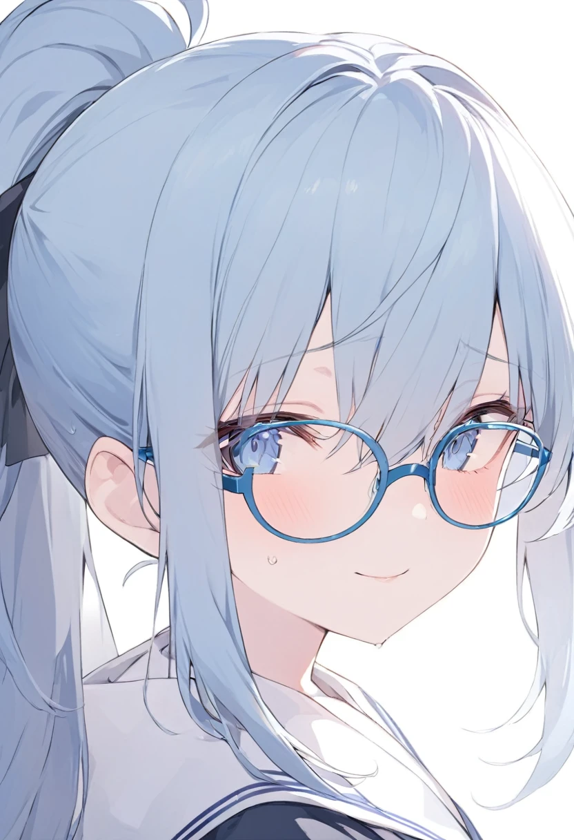 Blue Glasses Light blue hair girl ponytail Laughter Middle school students Mostly faces Face close-up Highest quality 傑作 Blue Glasses Blue Glasses 1 female